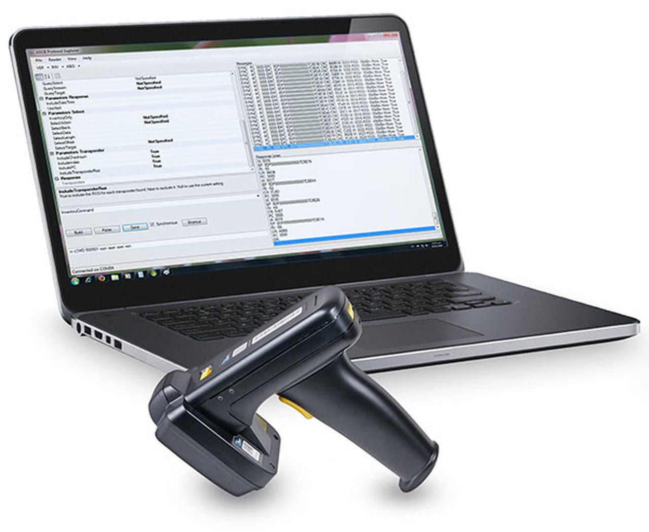 1128 Bluetooth UHF RFID Reader-1128-AU-BT-UHF with a laptop