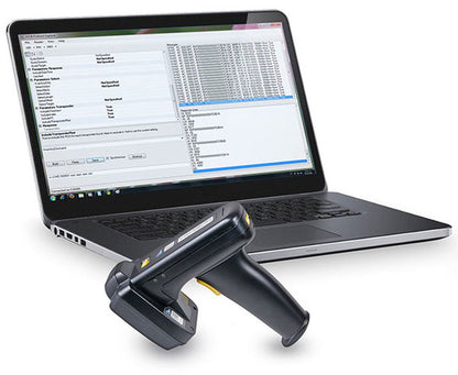 1128 Bluetooth UHF RFID Reader-1128-AU-BT-UHF with a laptop